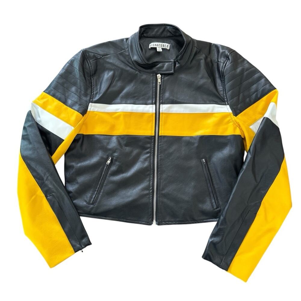 Signature8 Moto Black and Yellow Faux Leather Biker Racing Cropped Jacket Size M